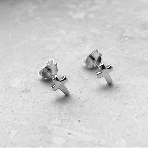 Sterling Silver Tiny Cross Earrings, Stud Earring, Silver Earrings, Religious - Picture 7 of 8